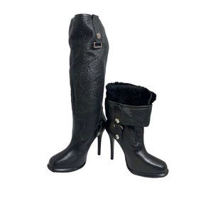 Velika Corinna Faux Fur Fold Over Stiletto Leather Boots Black Women’s Size 7.5